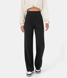 Schwarze, hoch taillierte, elastische Casual-Hose für Damen. Bequem und stilvoll, ideal für Freizeit und Alltag. Perfekte Passform und modern.