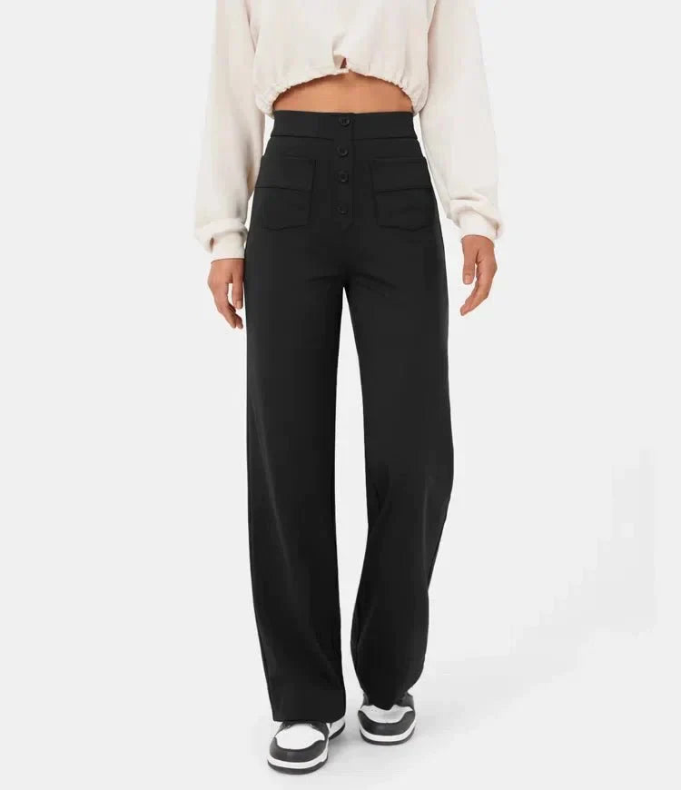 Schwarze, hoch taillierte, elastische Casual-Hose für Damen. Bequem und stilvoll, ideal für Freizeit und Alltag. Perfekte Passform und modern.