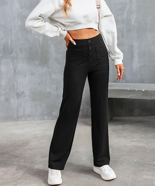 Damenhose mit hoher Taille, elastisch, schwarz, lässig. Perfekt für Freizeit und Alltag. Modisch, bequem, vielseitig kombinierbar.