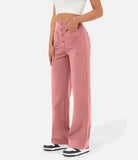 Damenhose, hoch tailliert, elastisch, rosa, lässig, mit Knöpfen, Taschen, modisch, bequem, ideal für Freizeit, vielseitig kombinierbar.