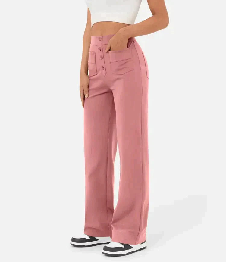 Damenhose, hoch tailliert, elastisch, rosa, lässig, mit Knöpfen, Taschen, modisch, bequem, ideal für Freizeit, vielseitig kombinierbar.