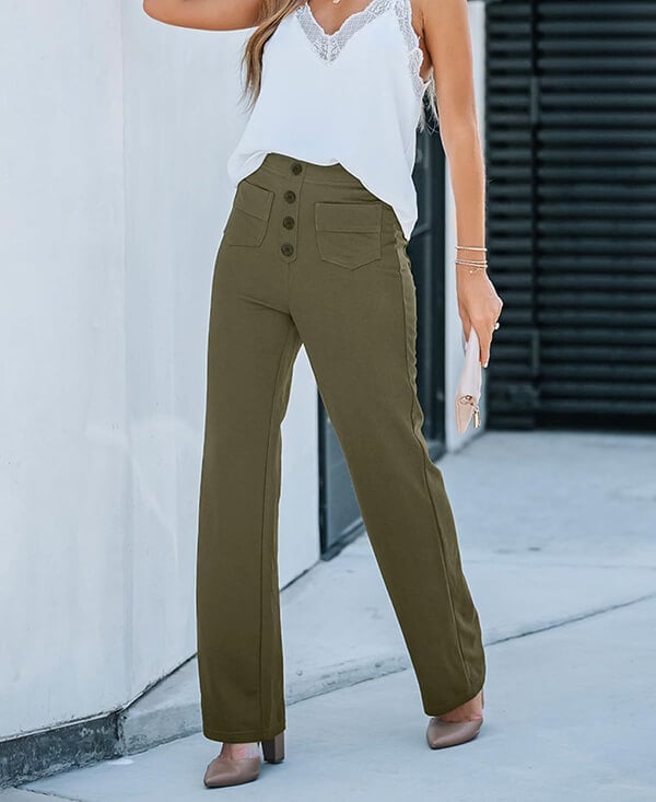 Damenhose, hoch tailliert, elastisch, olivgrün, mit Knöpfen, ideal für Casual-Looks. Perfekt kombinierbar mit Tops und Blusen.