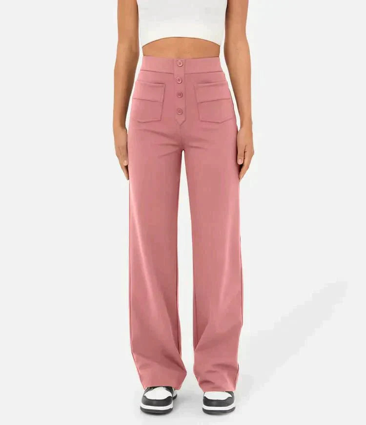 Damenhose, hoch tailliert, elastisch, rosa, lässig, mit Knöpfen, weites Bein, modisch, bequem, ideal für Freizeit und Alltag.