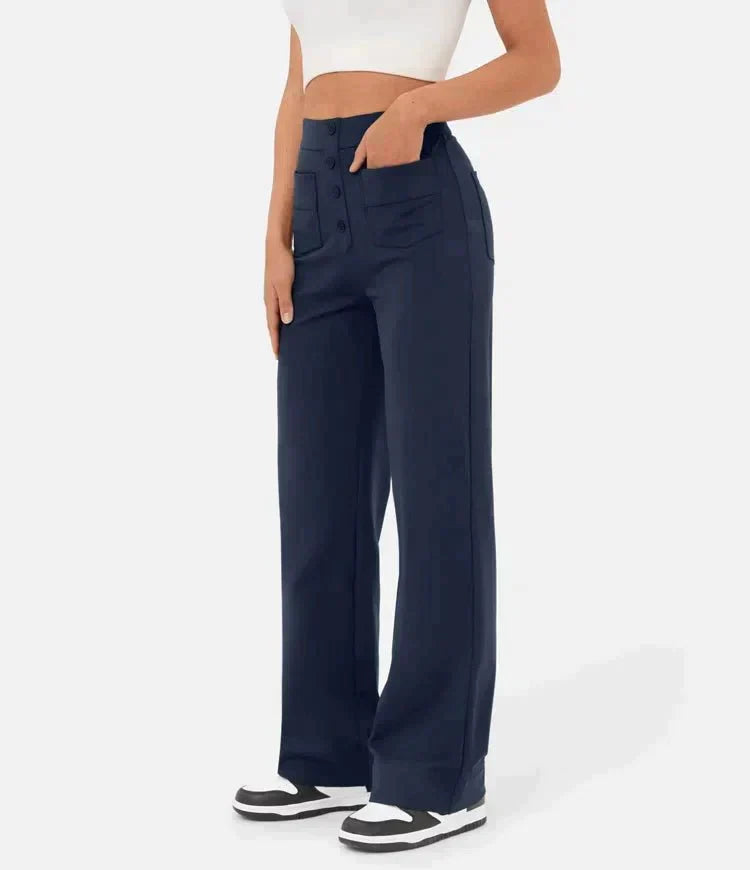 Damenhose mit hohem Bund, elastisch, lässig, dunkelblau. Perfekt für Freizeit und Büro. Bequeme Passform, modischer Look.