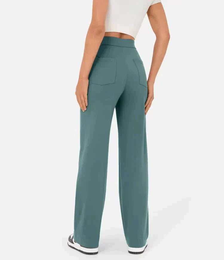 Damenhose mit hohem Bund, elastisch, lässig, in Grün. Perfekt für Freizeit und Alltag. Bequem und stilvoll, ideal für jede Garderobe.