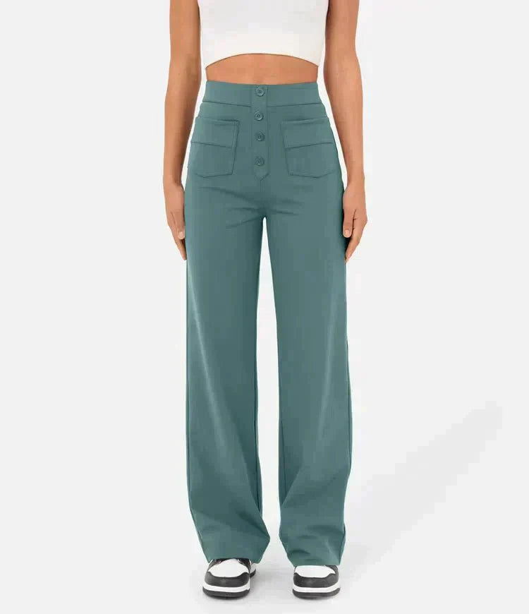 Damenhose mit hoher Taille, elastisch, lässig, in Grün. Perfekt für modische Outfits. Bequem und stilvoll für den Alltag.