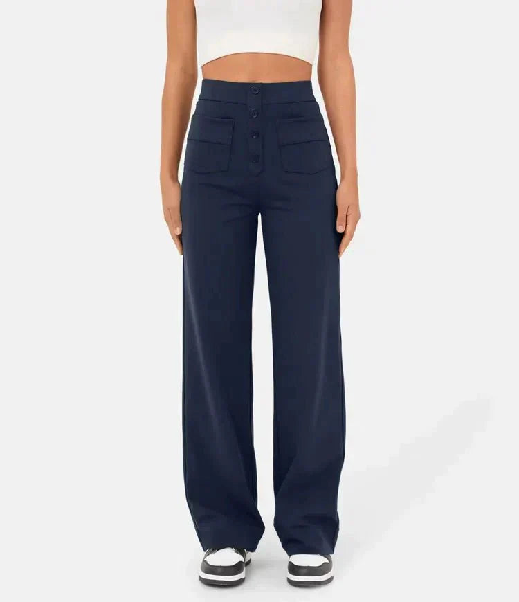 Damenhose mit hoher Taille, elastisch, lässig, in Dunkelblau. Perfekt für modische Outfits. Bequem und stilvoll für den Alltag.
