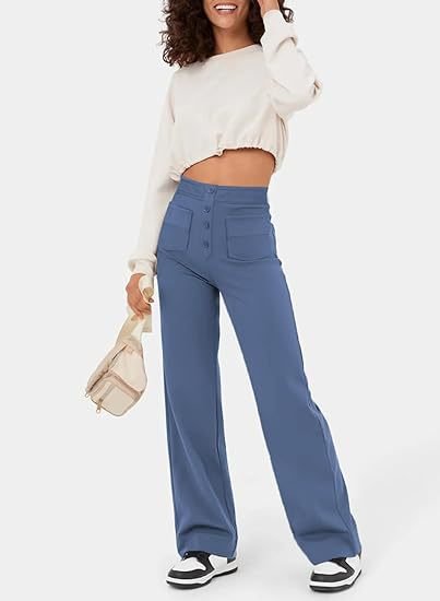 Damenhose, hoch tailliert, elastisch, blau, lässig, mit Knöpfen und Taschen. Perfekt für modische Freizeitoutfits. Bequem und stilvoll.
