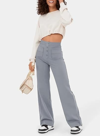 Damenhose, hoch tailliert, elastisch, lässig, in Blau. Perfekt für Freizeit und Alltag. Modische, bequeme Passform mit Knopfleiste.