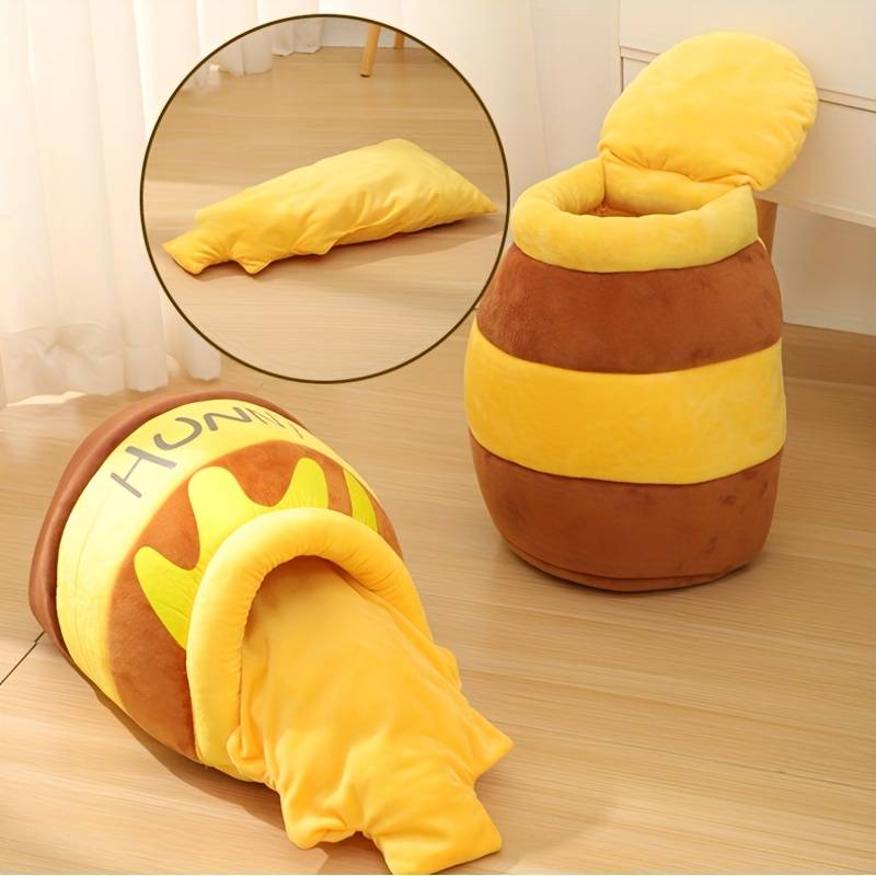 Plüsch-Honigtopf-Katzenschlafsack, gelb-braun gestreift, ideal für Haustiere. Bequemes, warmes Design für Katzenliebhaber und Tierbedarf.
