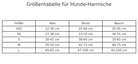 Größentabelle für Hunde-Harnische: Größen XXS bis L, Hals 22-65 cm, Brust 25-100 cm, Bauch 25-100 cm. Perfekt für die Auswahl des passenden Hundegeschirrs.
