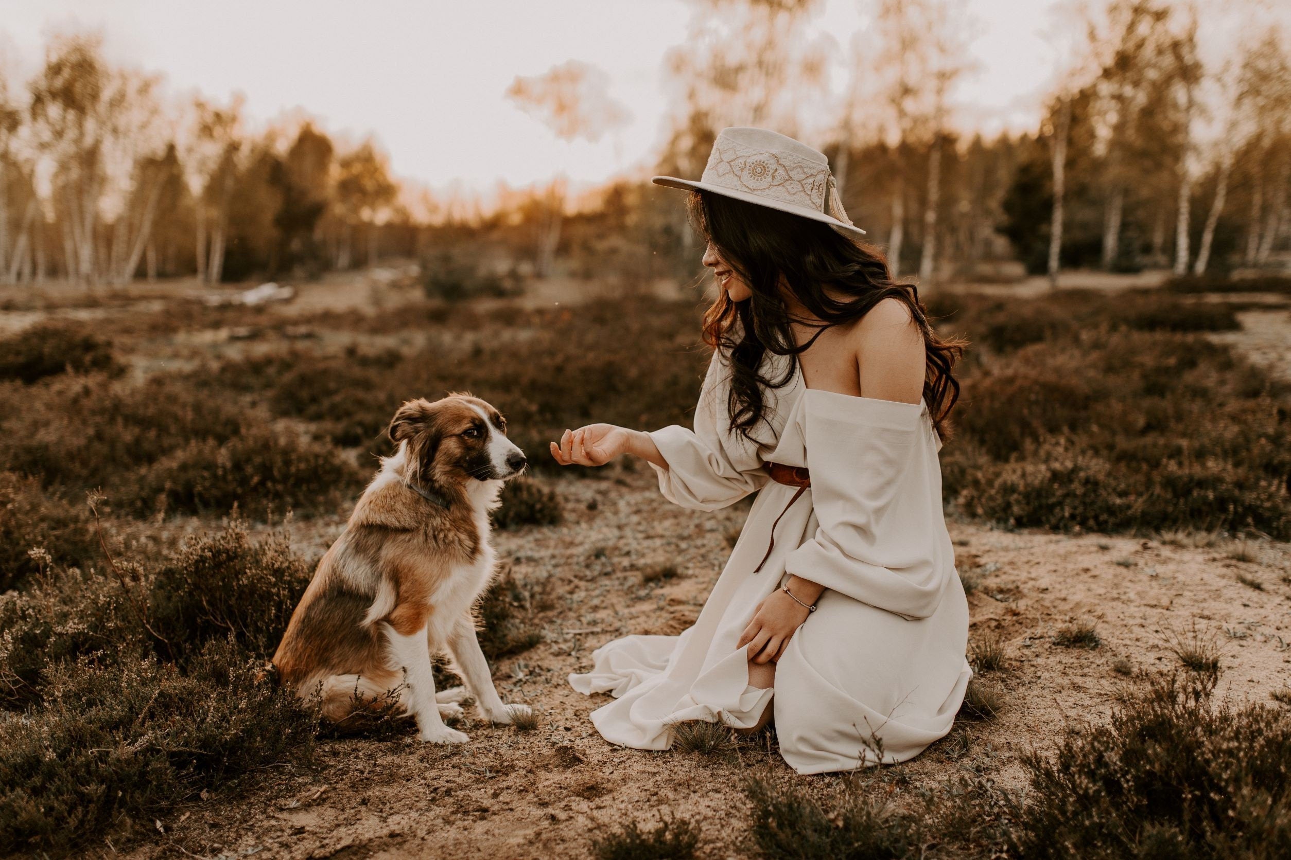 Frau in weißem Kleid und Hut kniet in der Natur und füttert einen sitzenden Hund. Sonnenuntergang, Herbstlandschaft, Outdoor-Fotografie.