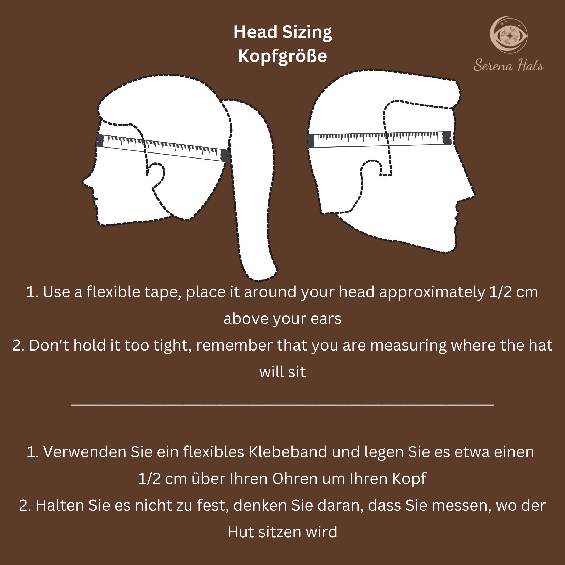 Kopfgrößenmessung: Verwenden Sie ein flexibles Maßband, um den Kopfumfang 1/2 cm über den Ohren zu messen. Perfekt für die richtige Hutgröße.