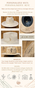 Beige Fedora-Hut mit personalisierbarem Design, Kaktus- und Vogelstickerei. Handgefertigt, ideal für individuelle Mode und einzigartige Accessoires.