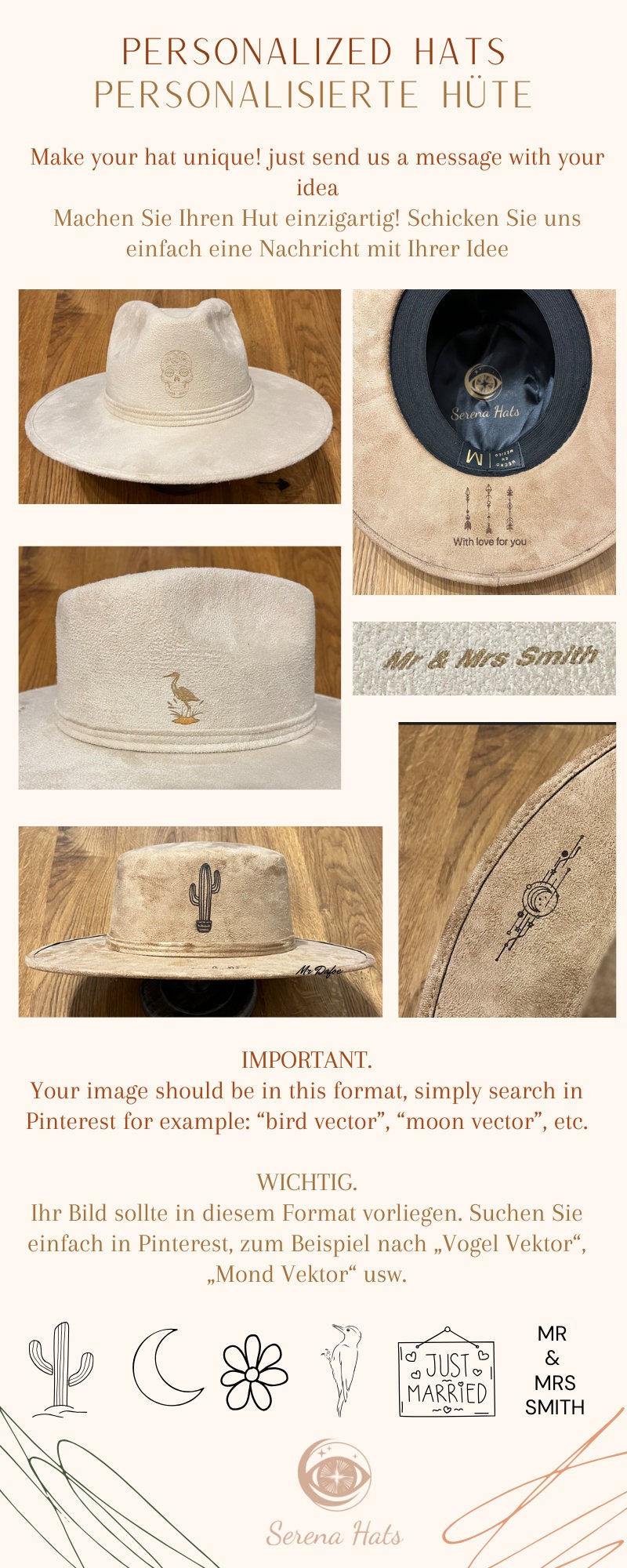 Beige Fedora-Hut mit personalisierbarem Design, Kaktus- und Vogelstickerei. Handgefertigt, ideal für individuelle Mode und einzigartige Accessoires.