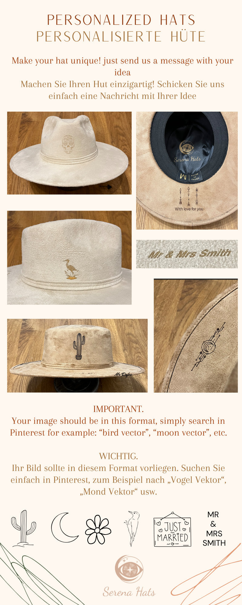 Personalisierter Hut aus Wildleder mit gesticktem Kaktus-Design. Handgefertigt, individuell anpassbar, ideal für einzigartige Mode-Statements.