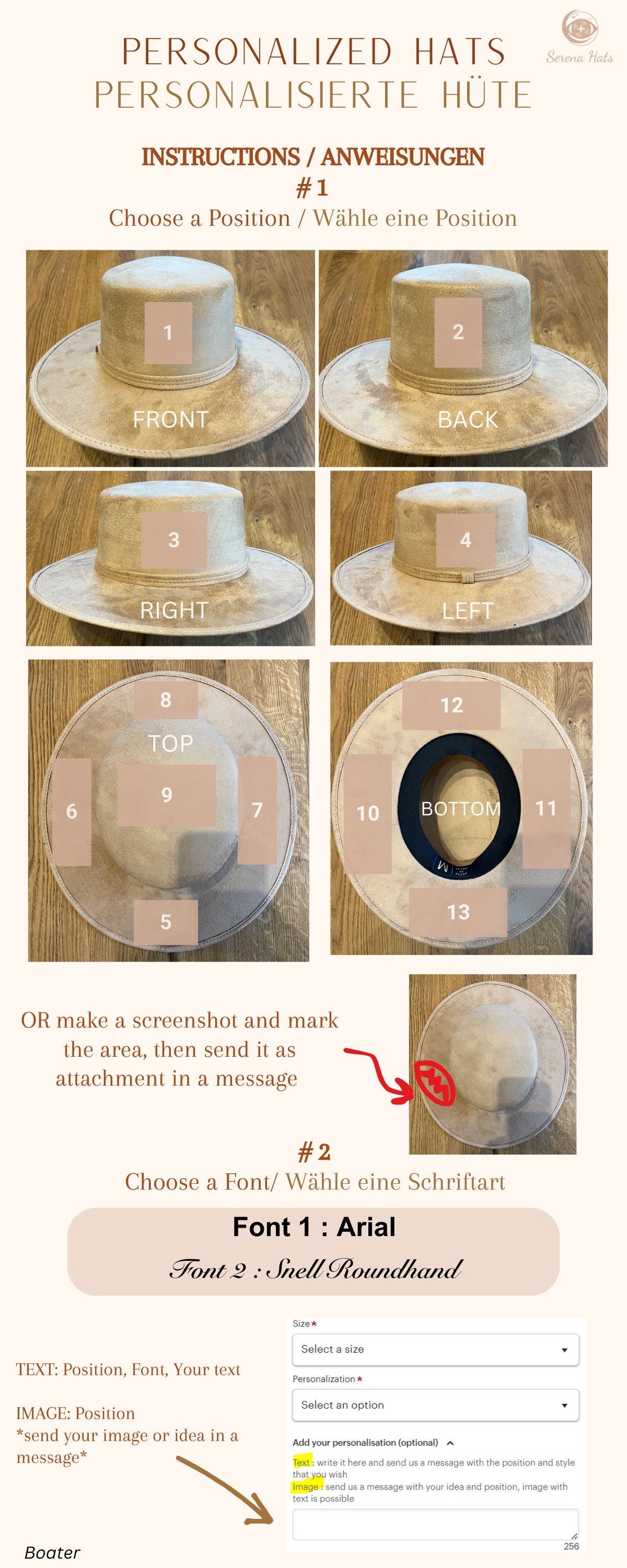 Personalisierter Hut aus Leder, anpassbar mit Text in verschiedenen Positionen und Schriftarten. Perfekt für individuelle Geschenke und Modeaccessoires.