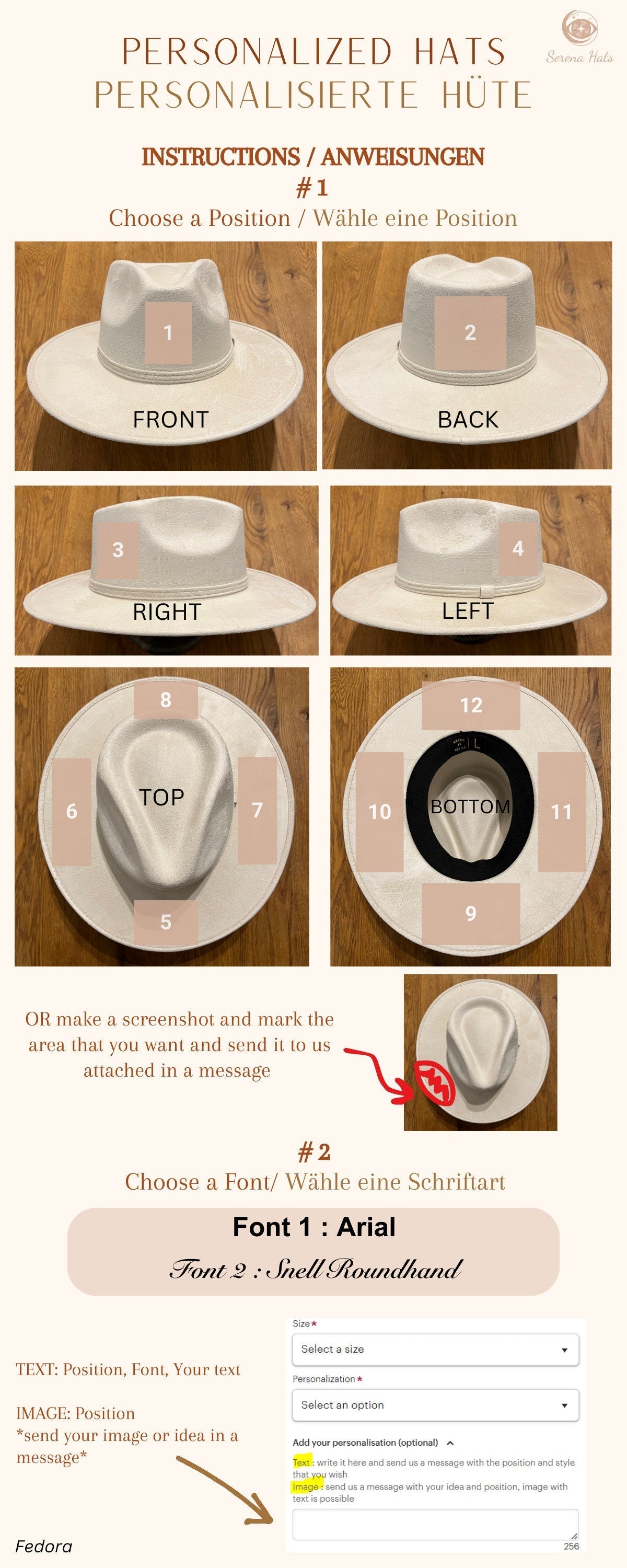 Personalisierter Fedora-Hut mit Anleitung zur Anpassung. Wählen Sie Position und Schriftart für individuelle Gestaltung. Perfekt für einzigartige Mode.