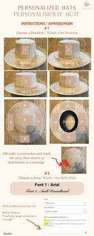 Personalisierter Boater-Hut aus Stroh, anpassbar mit Text in Arial oder Snell Roundhand. Ideal für individuelle Sommermode und stilvolle Accessoires.