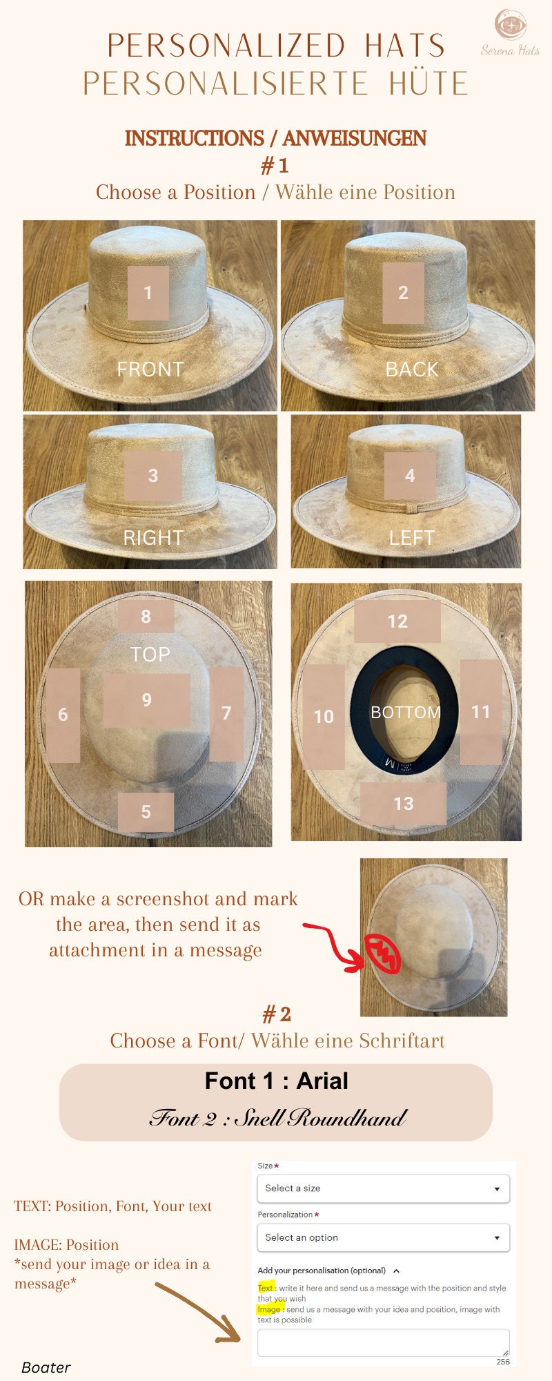 Personalisierter Boater-Hut aus Stroh, anpassbar mit Text in Arial oder Snell Roundhand. Ideal für individuelle Sommermode und stilvolle Accessoires.