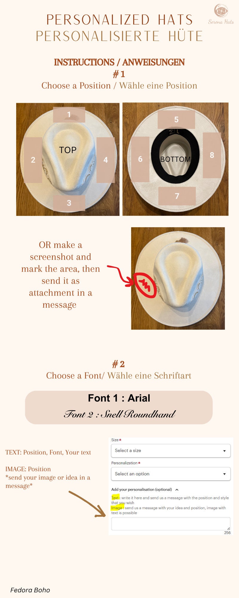 Personalisierte Hüte Anleitung: Wählen Sie Position und Schriftart für individuelle Designs. Perfekt für maßgeschneiderte Fedora-Hüte.
