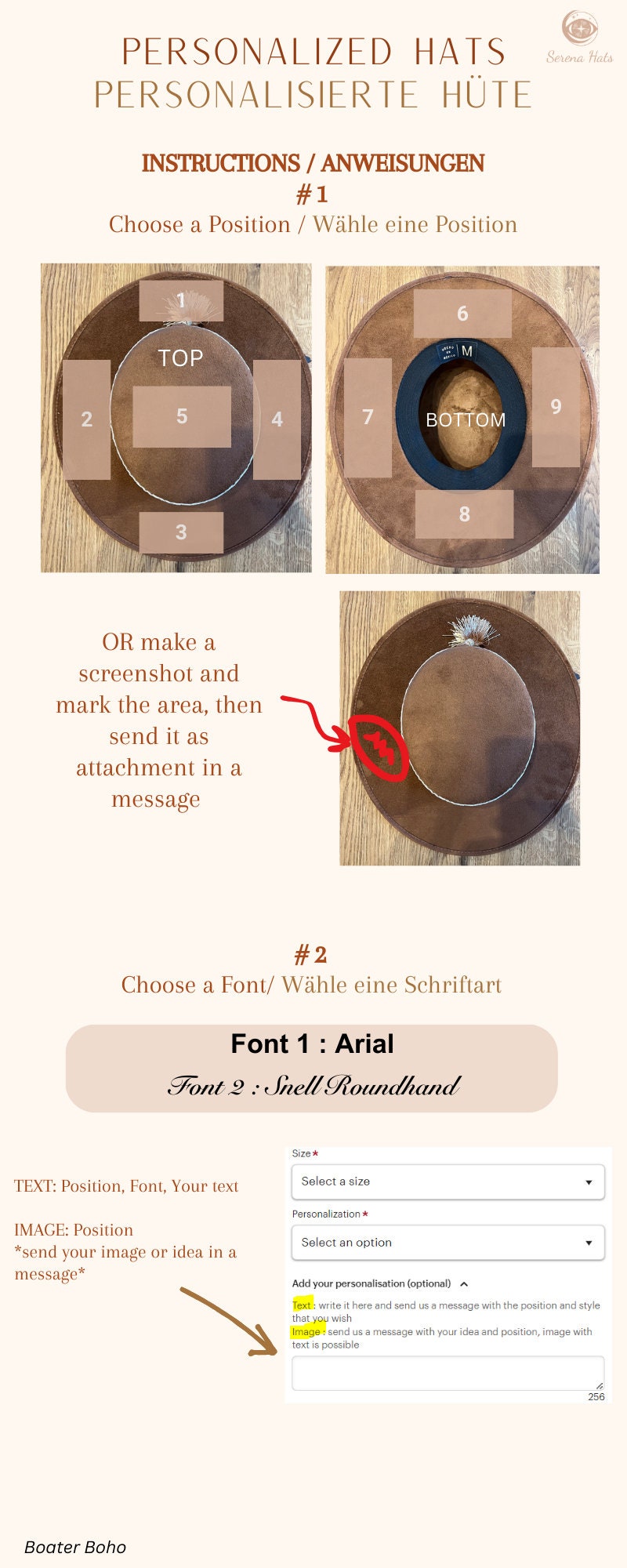Personalisierter Hut mit Anleitung zur Anpassung: Wählen Sie Position und Schriftart. Perfekt für individuelle Geschenke und einzigartige Modeaccessoires.