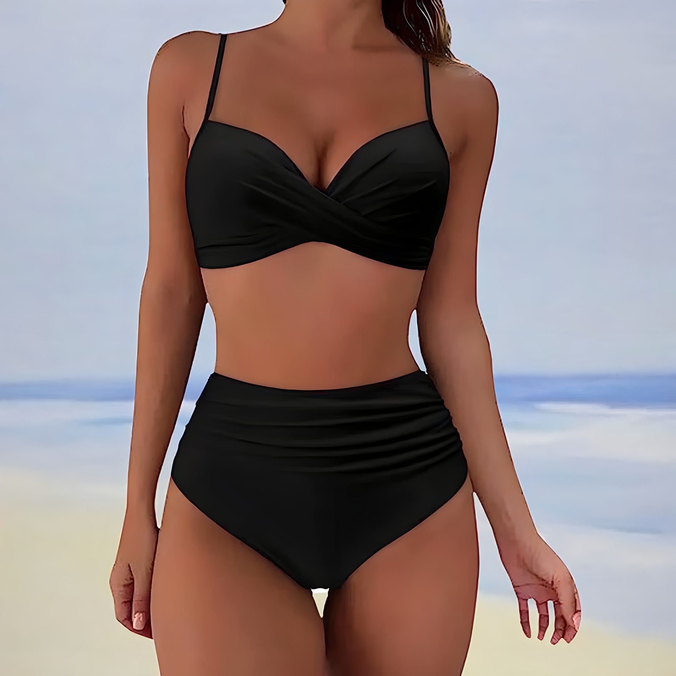 Schwarzer Bikini Damen, hoch tailliert, Strandmode, Sommer, Badeanzug, elegant, figurbetont.