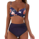 Damen-Bikini-Set, dunkelblau, florales Muster, hoher Bund, Strandmode, Sommerbekleidung.