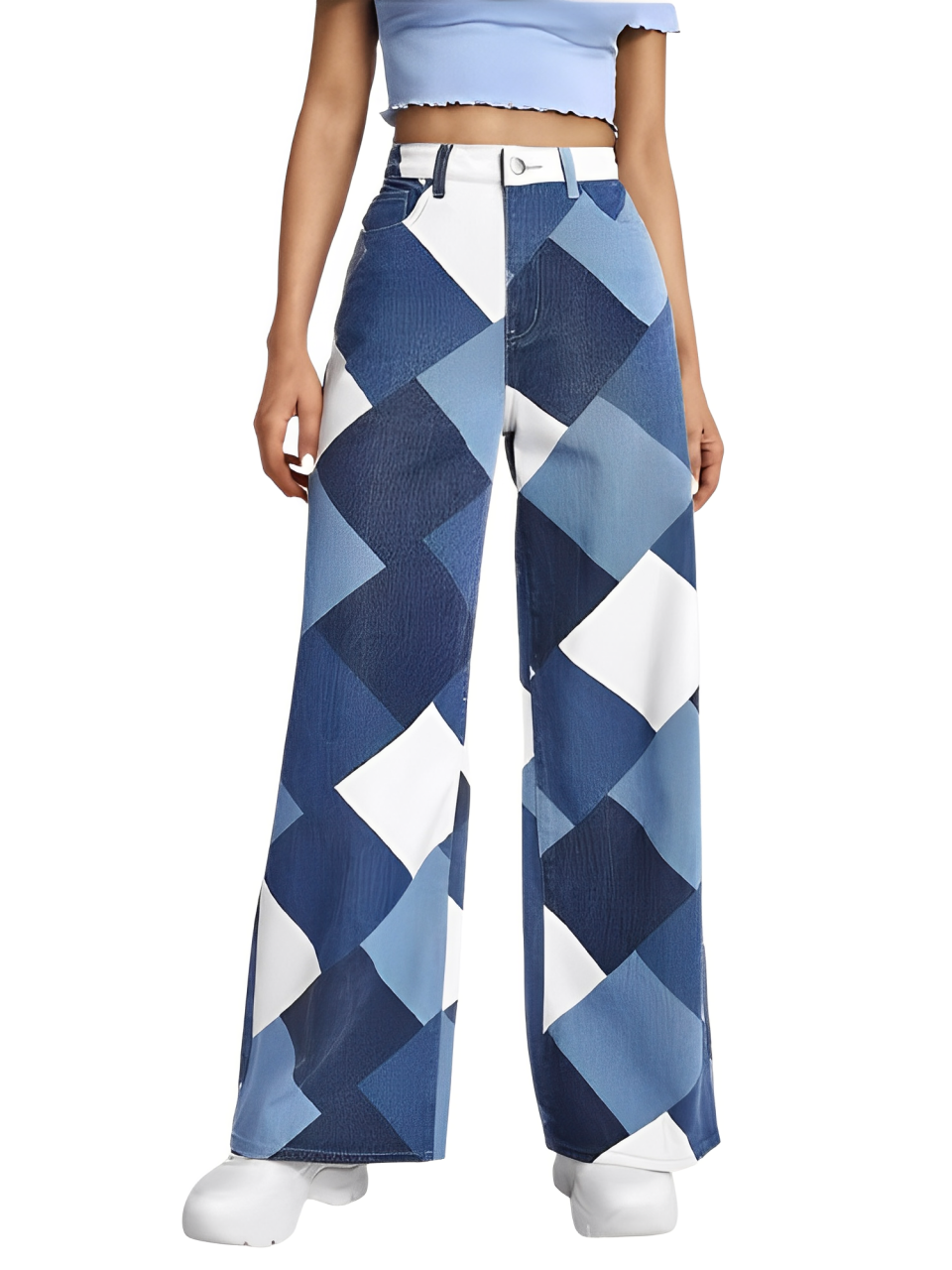 Damenhose mit blau-weißem Karomuster, weites Bein, hoher Bund. Modische Streetwear, ideal für trendige Outfits und lässigen Stil.