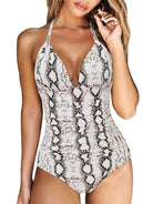 Damen Badeanzug Schlangenmuster, V-Ausschnitt, Neckholder, modisch, Sommermode.