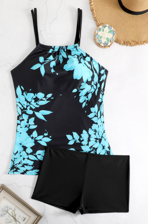 Damen Tankini Set, schwarz-blau, florales Muster, ärmellos, Sommermode, Strandbekleidung.