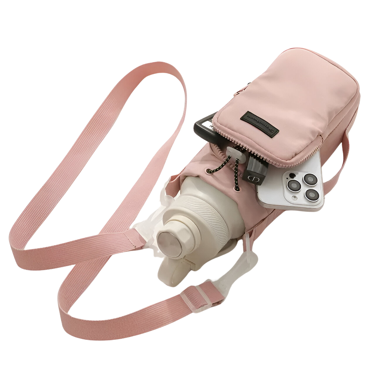 Rosa Umhängetasche mit Flaschenhalter und Smartphone-Fach, ideal für Reisen und Outdoor-Aktivitäten.
