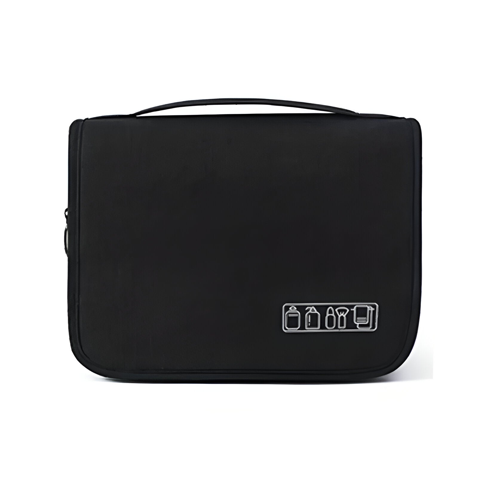 Schwarze Kulturtasche mit Symbolen, Reise-Organizer, wasserdicht, kompakt, Unisex.