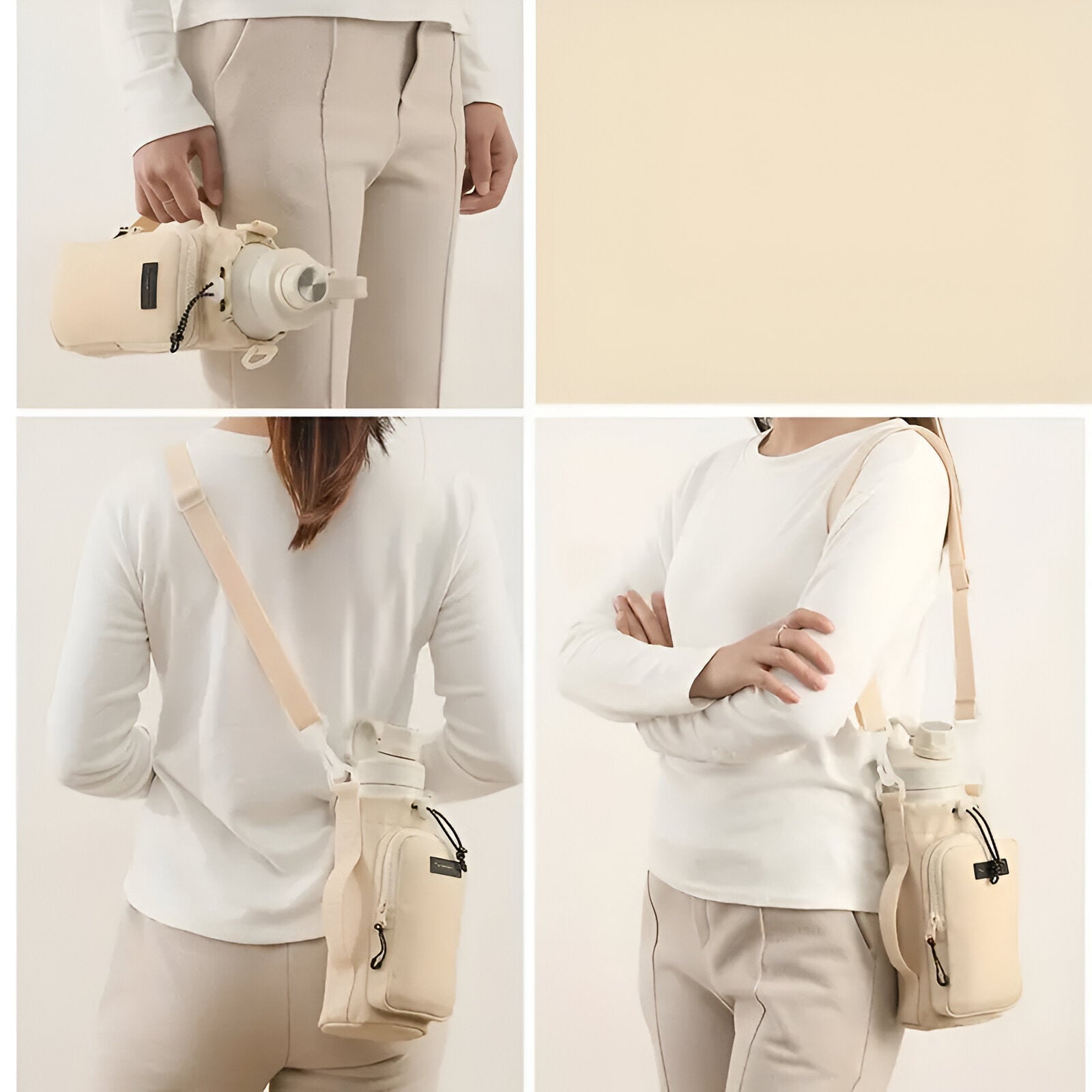 Beige Umhängetasche mit Flaschenhalter, ideal für Outdoor-Aktivitäten, modisch und praktisch.