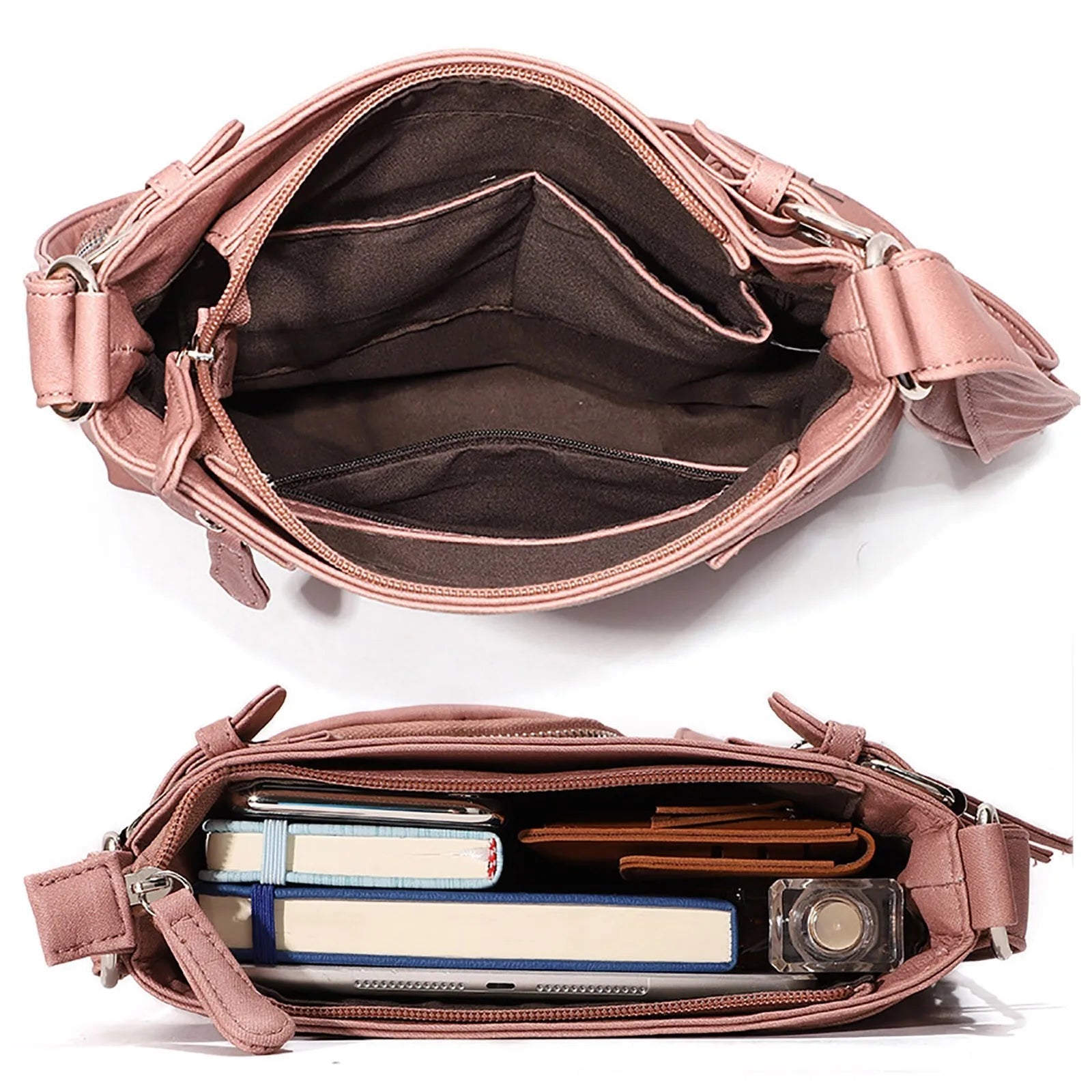 Rosa Damenhandtasche aus Leder, geräumig, mit Fächern, ideal für Alltag und Büro.