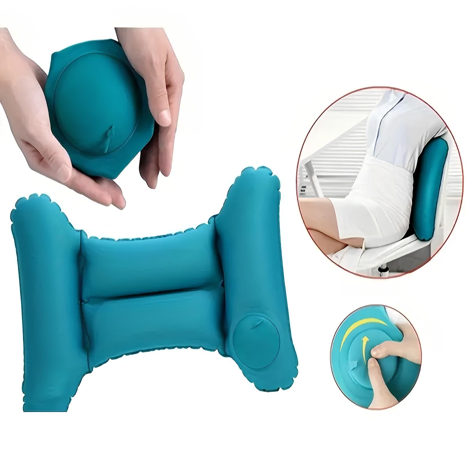 Aufblasbares blaues Lendenkissen für ergonomische Rückenunterstützung im Büro oder Auto.