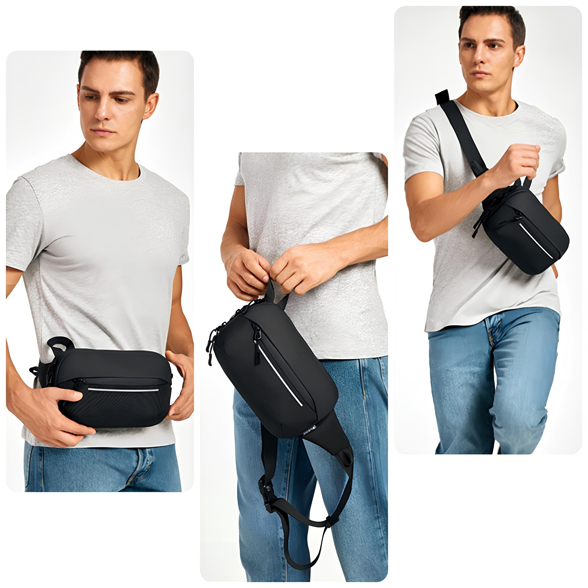 Mann mit schwarzer Umhängetasche, modern, lässig, ideal für Reisen und Alltag, modisch.