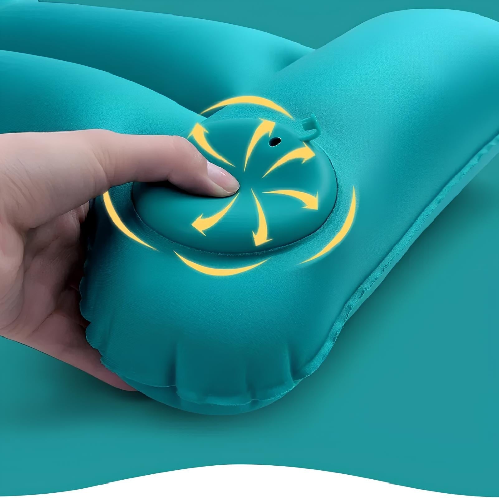 Aufblasbares Kissen mit Handpumpe, türkis, ergonomisch, für Reisen und Camping.