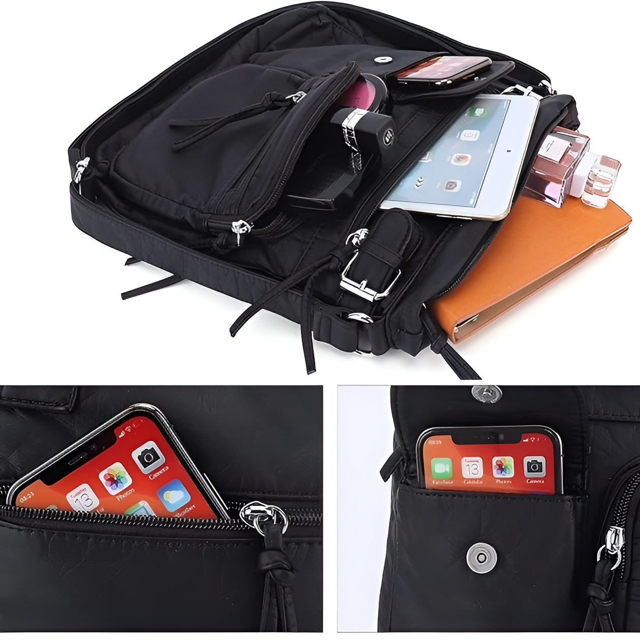 Schwarzer Rucksack mit Smartphone, Parfümflaschen und Notizbuch, ideal für Reisen und Alltag.
