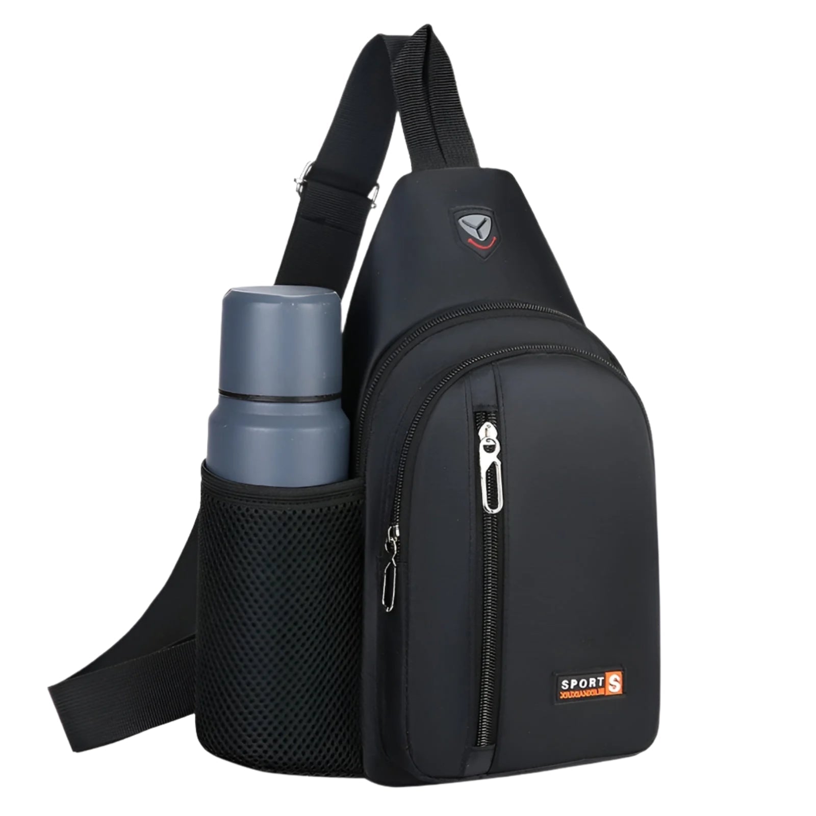 Schwarze Umhängetasche mit Flaschenhalter, Reißverschluss, sportlich, praktisch, Unisex-Design.