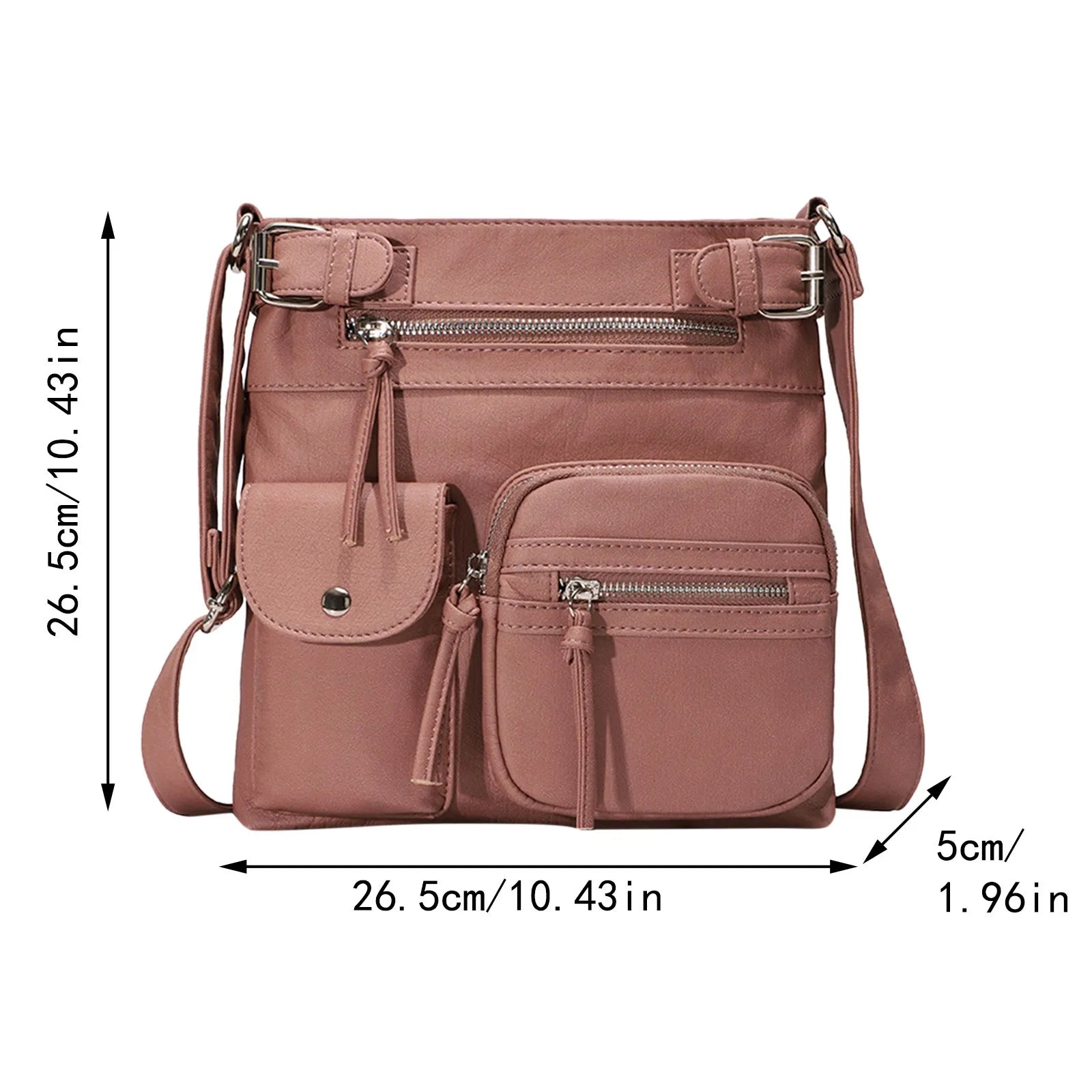 Damen Umhängetasche rosa Leder, mehrere Fächer, Reißverschlüsse, modisch, 26,5 cm.