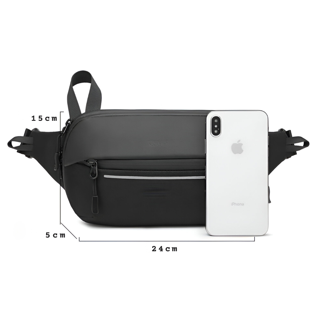 Schwarze Gürteltasche aus Leder, 24x15x5 cm, mit Reißverschluss, neben iPhone XS.