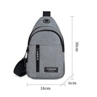 Grauer, wasserdichter Sling-Rucksack aus Polyester, 30x18x6 cm, mit verstellbarem Schultergurt.