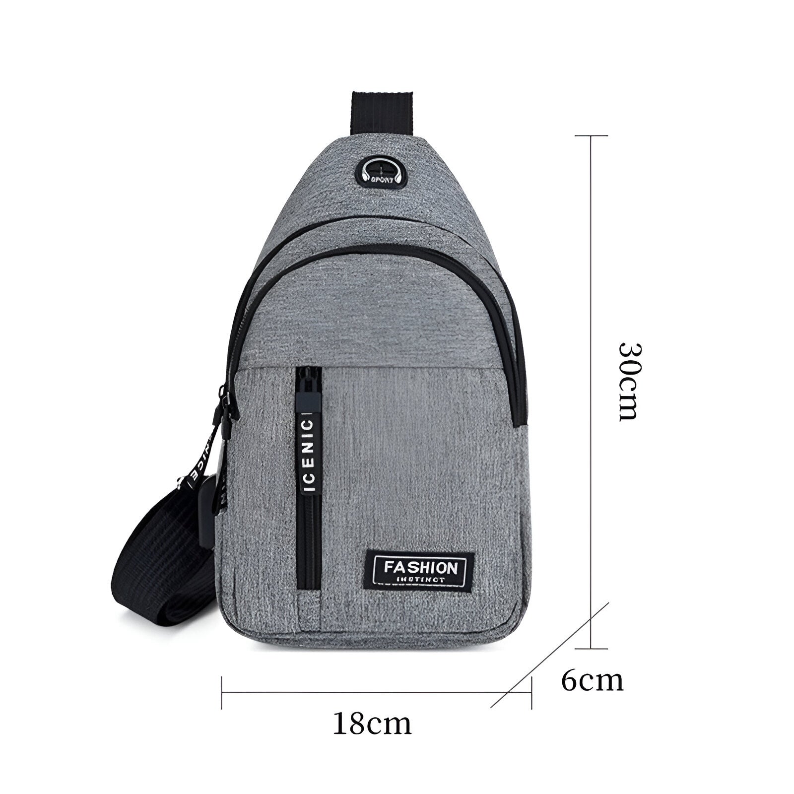 Grauer, wasserdichter Sling-Rucksack aus Polyester, 30x18x6 cm, mit verstellbarem Schultergurt.