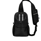 Schwarzer Sling-Rucksack mit Flaschenhalter, modernem Design, ideal für Reisen und Alltag.