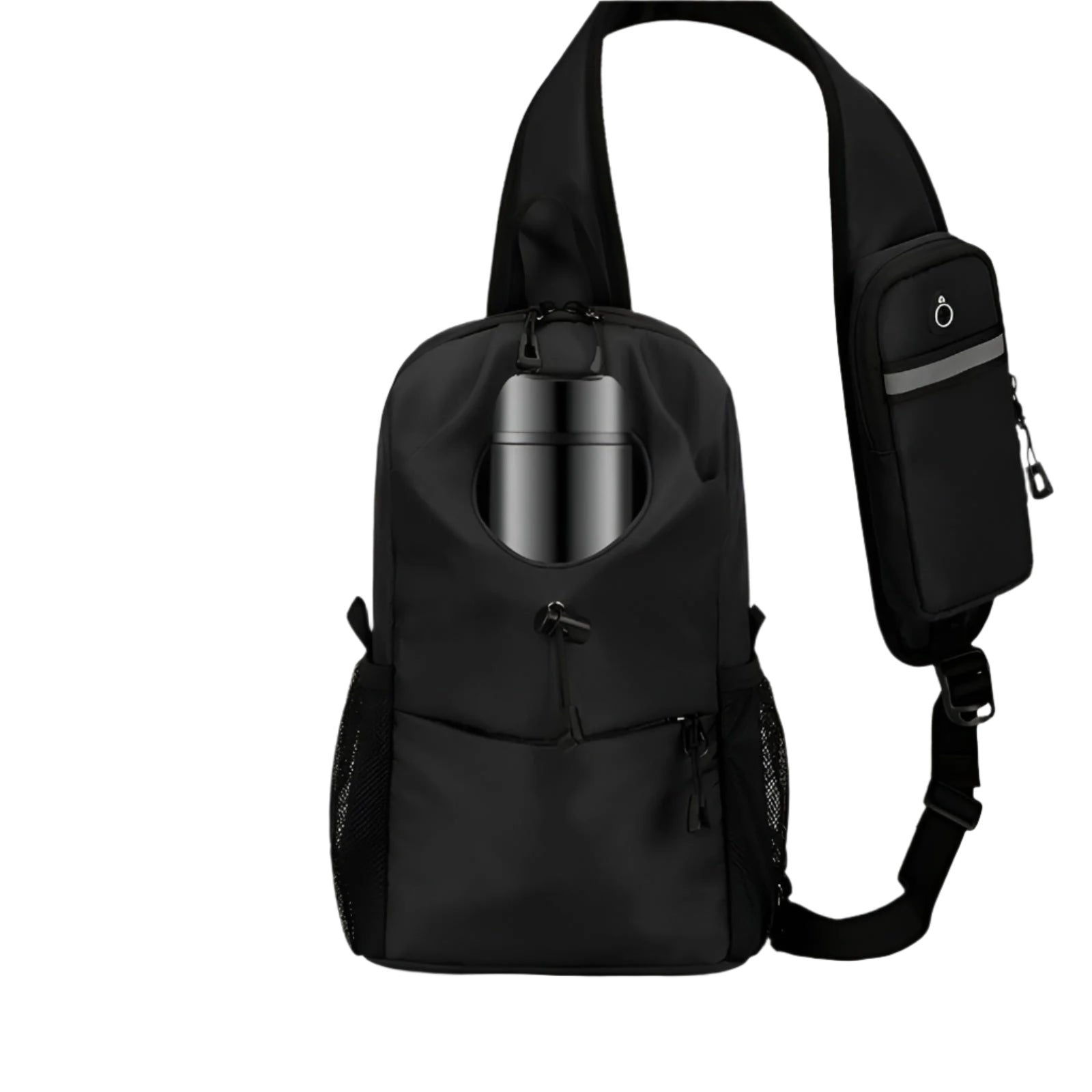 Schwarzer Sling-Rucksack mit Flaschenhalter, modernem Design, ideal für Reisen und Alltag.