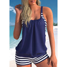 Damen Tankini-Set in Blau-Weiß mit Streifen, ideal für den Sommerstrand. Bequeme Passform, modisch und perfekt für den Strandurlaub.