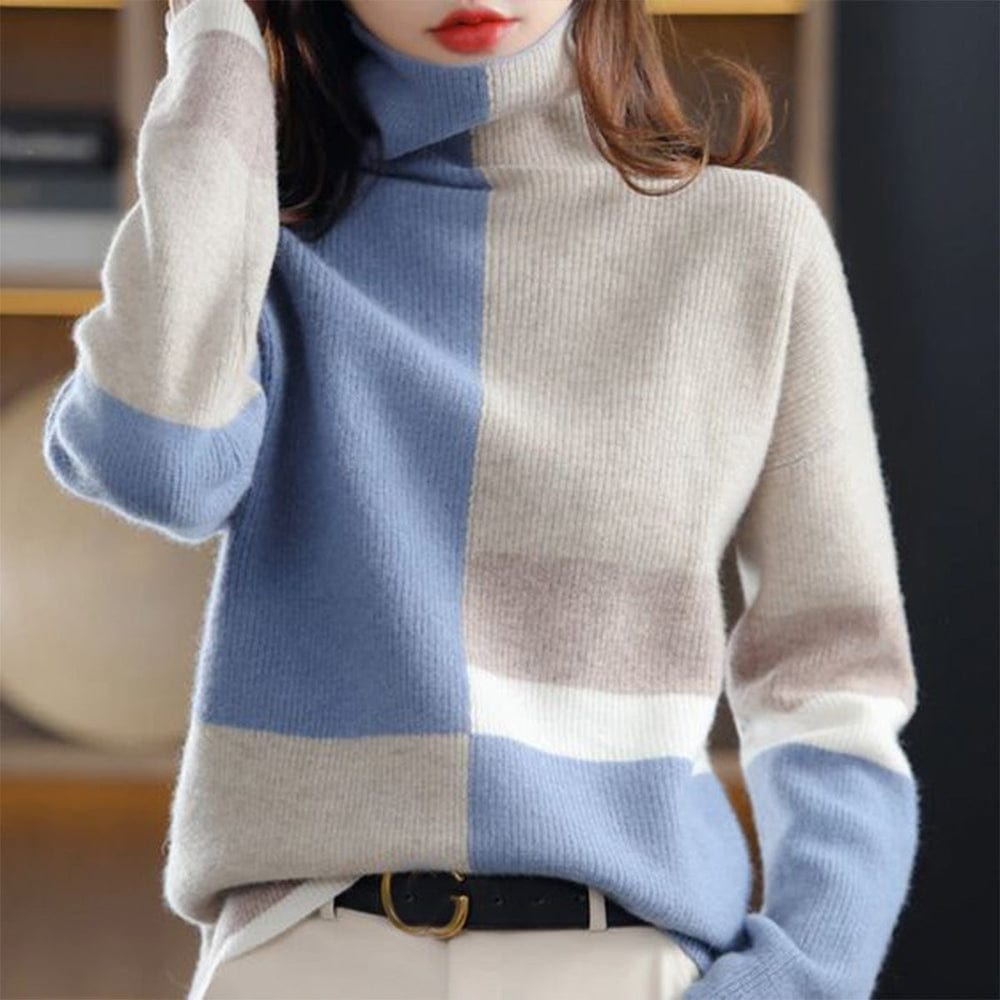 Stylischer Winter-Rollkragenpullover in Blau und Beige, weiches Material, modisches Design, ideal für kalte Tage, Damenmode, NewBerlin.