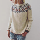 Damenpullover mit nordischem Muster, beige, handgestrickt, modisch, gemütlich, ideal für Herbst/Winter, hochwertig, einzigartiges Design.