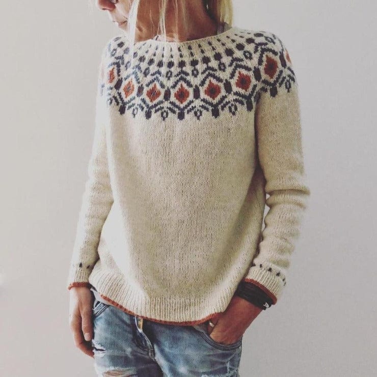 Damenpullover mit nordischem Muster, beige, handgestrickt, modisch, gemütlich, ideal für Herbst/Winter, hochwertig, einzigartiges Design.